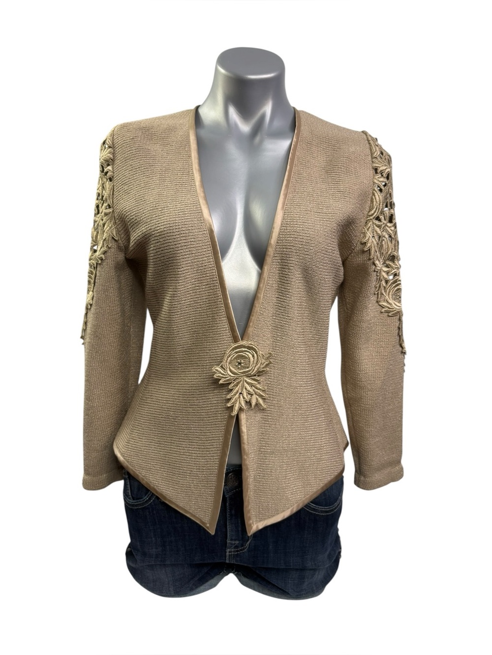 Vintage 89-90-s El-Ana Embroidered Beige Open Front Cardigan size M
